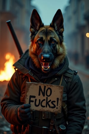 Award-winning photographer captures a hauntingly realistic image of a fierce German Shepard dog, its snarling face illuminated by the (faint glow of a fire:1.2). Framed against a dark, battleground background, dressed as a (mercenary:1.3), textured fabrics and weapons, his menacing gaze seems to pierce through the shadows. He is on a burning town street at night, he is holding a sign saying "No Fucks!"