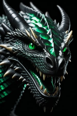 Award-winning nature photographer's lens captures the gritty, RAW intensity of a dragon's head up close. Emerald-green and obsidian-black scales glisten with a subtle, otherworldly glow under dramatic, subdued lighting. The camera frames the subject, highlighting the intricate texture of the scales as they seem to shimmer in the faint light.