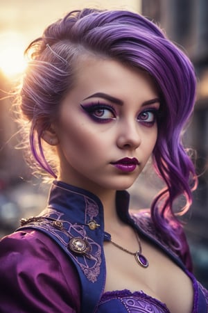 portrait, close up of a Eye-catching Empire (instagram girl:1.1) , she is from the Postwar Era, Cardinal, her hair is Colored, lower class Violet, Magenta and Indigo Spider Tail, ultrafine detailed, Astropunk, Sun Rays, One Color, atmosphere, beautiful, highly intricate, ambient, aesthetic, beautiful detailed, dramatic