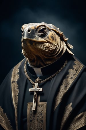 Award-winning photographer captures a hauntingly realistic image of a fierce ancient tortoise, its snarling face illuminated by the (faint glow of a crucifix:1.2). Framed against a dark, ominous background, dressed as a (priest:1.3), luxurious fabrics and fur trims, his menacing gaze seems to pierce through the shadows. Victorian Era-inspired textures bring realism to its fur and skin, while an eerie stillness in the air hints at a battle-scarred past.