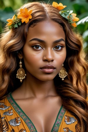 (stylized by John Everett Millais:0.7) and (Steve McCurry:0.7) and Daria Endresen, portrait, lush flora, intricate details, close up of a Charming Captivating voluptuous Tanzanian (instagram girl:1.3) as a Music critic, wearing Thobe with Tiger patterns, she has Ginger hair styled as Balayage, she has a cozy Tattoos, Zany, Japonism Art, glowy translucency, Zoom lens, epic atmosphere, pure, deep aesthetic, positive emotional, perfect symmetry