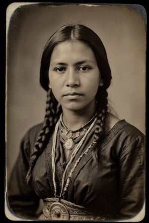 tintype of a beautiful apache princess, facing viewer, portrait,