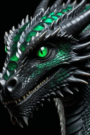 Award-winning nature photographer's lens captures the gritty, RAW intensity of a dragon's head up close. Emerald-green and obsidian-black scales glisten with a subtle, otherworldly glow under dramatic, subdued lighting. The camera frames the subject, highlighting the intricate texture of the scales as they seem to shimmer in the faint light.