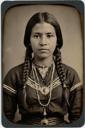 tintype of a beautiful apache princess, facing viewer, portrait,