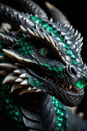 gritty RAW nature photo of a macro dragons head, its scales are emerald and obsidian, scale have a faint glow | dramatic subdued lighting, award winning nature photography,