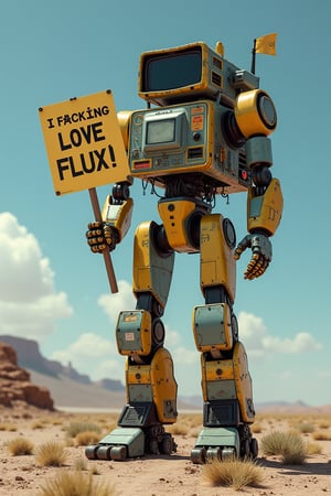 a huge robot made of discarded consumer electronics stands on a tiny moon while holding a sign that reads: "I F@CK!NG LOVE FLUX!"