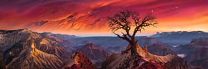 Majestic extraterrestrial terrain stretches across the frame, bathed in a warm, golden light that casts long shadows on the eerie rock formations. A lone, glowing tree stands sentinel against the crimson sky, while wispy tendrils of mist dance in the foreground. The composition is divided by a diagonal ridgeline, drawing the viewer's eye to the horizon where stars twinkle like diamonds.