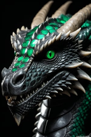 gritty RAW nature photo of a macro dragons head, its scales are emerald and obsidian, scale have a faint glow | dramatic subdued lighting, award winning nature photography,