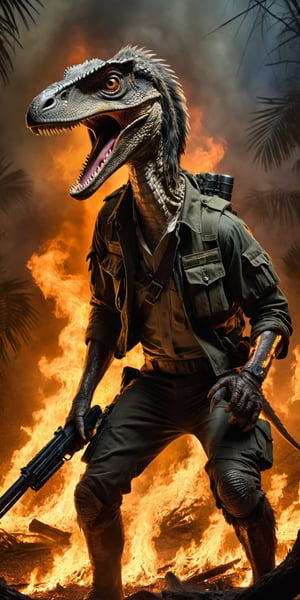 Award-winning photographer captures a hauntingly realistic image of a fierce velociraptor, its snarling face illuminated by the (faint glow of a fire:1.2). Framed against a dark, battleground background, dressed as a (mercenary:1.3), textured fabrics and weapons, his menacing gaze seems to pierce through the shadows. Vietnam Era-inspired textures bring realism to its clothes and skin, while an eerie stillness in the air hints at a battle-scarred past.