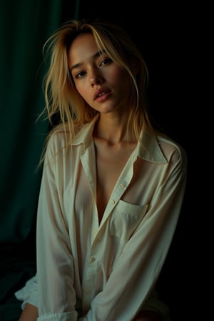 korean still model, oversized wet shirt, messy blonde hair, intense light, dramatic light, dark room, , erotic magazine cover, looking at viewer, creative view angle, parted lips, makeup, solo, no bra, flowing drapes, sexual, sensual, parted lips,korean