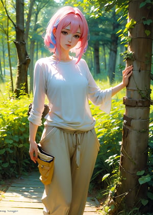 colourful, forest, outdoors, fantasy, anime style, r_light, p_light, ladies, open baggy clothes, erotic , 1 lady,1girl,s_light,intense light,pastel,p_light_2