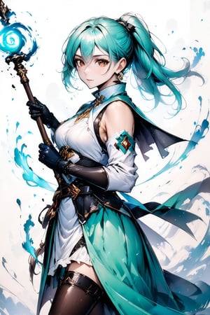 18-years-female, solo, looking at viewer,Ponytail light mint blue Hair,brown eyes, gloves,flat chest,dress, mint hair,Priestess, nun, has a mage's staff,
A stunning action composition that captivates the viewer, from the waist up, white background, ink brushstrokes in background mastepiece quality, stunning image, looking at viewer, anime girl, colorful, Ink art style.