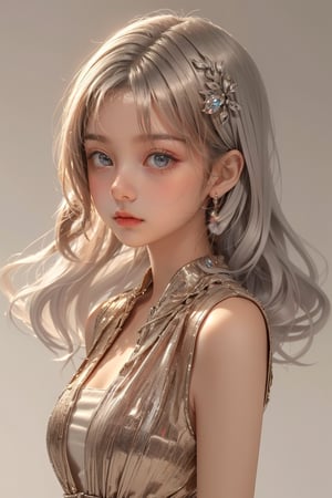 One 30-year-old Japanese female, solo,silver hair, red cocktail dress, striking melancholy eyes, silver hair, white background