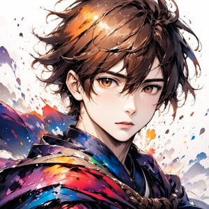 20years male, solo, looking at viewer,short hair, brown hair, long sleeves,brown eyes, closed mouth, standing, outdoors, cape, A stunning action composition that captivates the viewer, from the waist up, white background, ink brushstrokes in background mastepiece quality, stunning image, looking at viewer, anime girl, colorful, Ink art style.