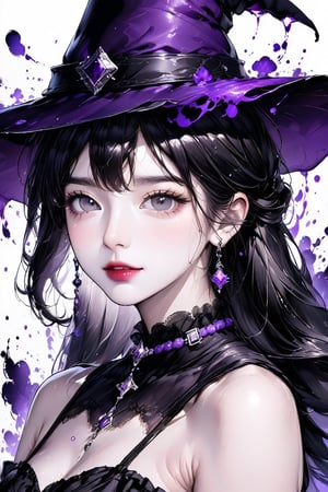 30years female, solo, looking at viewer,upper half of body, Long hair, witch, gazing, bangs, simple background, black hair, hat, white background,accessories, collar bone,frill, parted lips, choker, black eyes, black witch dress, lips, grey eyes,arm band, purple hat, 
A stunning action composition that captivates the viewer, from the waist up, white background, ink brushstrokes in background mastepiece quality, stunning image, looking at viewer, anime girl, colorful, Ink art style.