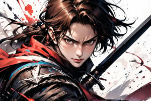 Upper body, 18-year-old man, long hair, gazing at viewer, white background, dark brown hair, gloves, drawing a sword, brown eyes, accessories, closed mouth, masculine vibe, belt,
A stunning action composition that captivates the viewer, from the waist up, white background, ink brushstrokes in background mastepiece quality, stunning image, looking at viewer, anime girl, colorful, Ink art style.