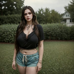 (masterpiece, best quality:1.4), (depth of field:1.2), sexy beautiful chubby female gang thug standing wearing shorts and shirt, in her lawn outdoors, heavy bust, bare feet, long hair, heavy make-up, piercings, detailed hands, waist chain, Detailedface