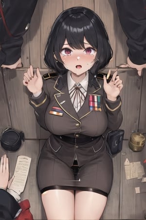 , Looking down,,pushed against wall,Hands held down,pushed down,tight military uniform with stockings,Dark eyes,Big lips, Black hair,Tiny Japanese girl with black hair, from above, ,multiple boys, multiple hands from different directions, masterpiece, best quality, pov hands,Sexy big teen Breasts, masterpiece, best quality, highly detailed, ,hair grab, deepthroat, , crying, screaming,panty pull,Female soldier,SEX FROM BEHIND