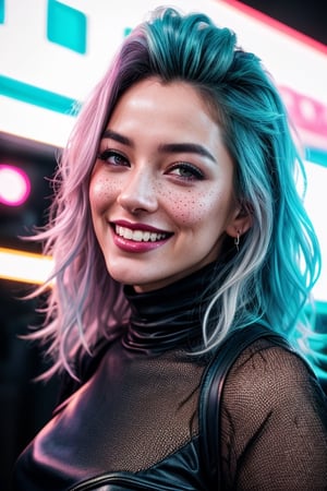 detailed eyes, dry skin, skin fuzz, visible skin hair, skin blemishes, extremely sexy, bright clothes, european woman, lustful look, short and long curly hair, sensual smile, spitline in mouth, tongue tip out of mouth, tongue between teeth, like before a kiss, few cute freckles, dramatic blue key light, cyberpunk aesthetic, photo of beautiful young cute cyberpunk lady, cibi, babyface, glowing eyes, extreme cyberpunk haircut, huge smile showing teeth, dying of laughter, laughing out loud, perfect teeth, replicant, fake skin, human sinlike texture, a woman with beautiful hair, lots of colored zips, high tech cyberpunk attire, dressed in leather and neon lights, lineson clothes, shadows on clothes, bump mapping, light dots on clothes,no lipstick,  glossy lips, as a movie star in a (movie premiere), premiere gala, (near a movie theatre), natural skin texture, (sexy tight white sheer mesh turtleneck dress), 24mm, 4k textures, soft cinematic light, adobe lightroom, photolab, hdr, intricate, elegant, highly detailed, sharp focus, ((((cinematic look)))), soothing tones, insane details, intricate details, hyperdetailed, low contrast, soft cinematic light, exposure blend, hdr, faded, (paparazzi in background), (painted lips:1.1), ((looking at camera:1.1)), lasers shooting in the background.,ridingsexscene,z1l4,Movie Still,westworld,b3rli,Epicrealism,blurry_light_background,Neon Light
