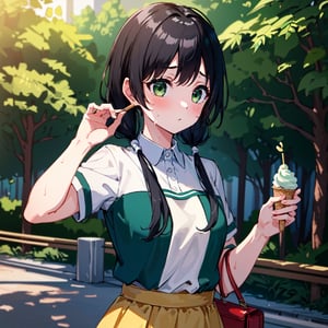 (masterpiece:1.4),(best quality:1.4),(high quality:1.4) (highres,8k:1.4),1girl,(first-rate body:1.4),yasuhra_ema,low_twintails,forest_green_eyes,summer_uniform,holding_object,purse,eating ice cream,sweat,hot,public