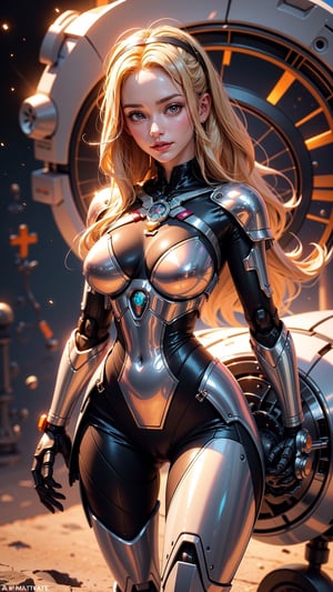 portrait of the most beautiful woman in the galaxy, cyborg woman, gorgeous flowing blonde hair, ((reflective metal robotic limbs and joints)), (perfect female body, slim waist, hourglass figure), muscular, outer space, horizon, zero dawn, machine, intricate, elegant, highly detailed, ray tracing, digital painting, artstation, concept art, smooth, sharp focus, illustration, art by artgerm and greg rutkowski and alphonse mucha, 8 k Warp, Warpgate, so sexy it hurts, digitally painted by Tim Doyle, Kilian Eng and Thomas Kinkade, centered, circle, luminous, glitter, chromatic