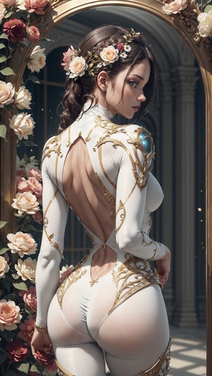 (4k), (masterpiece), (best quality),(extremely intricate), (realistic), (sharp focus), (cinematic lighting), (extremely detailed), celestial, mythological, mirrors, portals,gateways,

A beautiful young girl posing with back turned to the viewer.  She is looking directly at the viewer. She is wearing a sexy white bodysuit.

,DonMR0s30rd3r, fantasy
,flower4rmor, see-through, flower bodysuit, flowers in hair
,fantasy, neotech, sleek