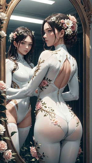 (4k), (masterpiece), (best quality),(extremely intricate), (realistic), (sharp focus), (cinematic lighting), (extremely detailed), celestial, mythological, mirrors, portals,gateways,

A beautiful young girl posing with back turned to the viewer.  She is looking directly at the viewer. She is wearing a sexy white bodysuit.

,DonMR0s30rd3r, fantasy
,flower4rmor, see-through, flower bodysuit, flowers in hair
,fantasy, neotech, sleek