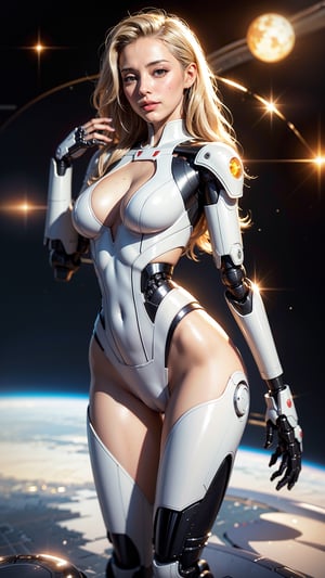 portrait of the most beautiful woman in the galaxy, cyborg woman, gorgeous flowing blonde hair, ((glossy white robotic limbs and joints)), (perfect female body, slim waist, hourglass figure), muscular, outer space, horizon, zero dawn, machine, intricate, elegant, highly detailed, ray tracing, digital painting, artstation, concept art, smooth, sharp focus, illustration, art by artgerm and greg rutkowski and alphonse mucha, 8 k Warp, Warpgate, so sexy it hurts, digitally painted by Tim Doyle, Kilian Eng and Thomas Kinkade, centered, circle, glitter