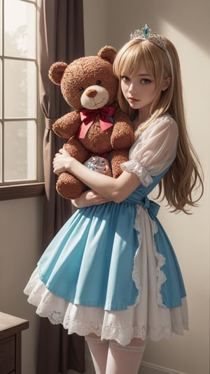 (best quality, masterpiece, illustration, designer, lighting), (extremely detailed CG 8k wallpaper unit), (detailed and expressive eyes), detailed particles, beautiful lighting, a cute girl, long blonde hair, wearing a teddy bear tiara, (Hug teddy bear doll),donning a beautiful blue and white dress with ruffles and lace, sheer pink stockings, transparent aquamarine crystal shoes, bows around her waist (Alice in Wonderland), butterflies around, (Pixiv anime style), (Wit studios),(manga style), scared,In the dark corner of the room
