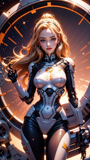 portrait of the most beautiful woman in the galaxy, cyborg woman, gorgeous flowing blonde hair, ((reflective metal robotic limbs and joints)), (perfect female body, slim waist, hourglass figure), muscular, outer space, horizon, zero dawn, machine, intricate, elegant, highly detailed, ray tracing, digital painting, artstation, concept art, smooth, sharp focus, illustration, art by artgerm and greg rutkowski and alphonse mucha, 8 k Warp, Warpgate, so sexy it hurts, digitally painted by Tim Doyle, Kilian Eng and Thomas Kinkade, centered, circle, luminous, glitter, chromatic