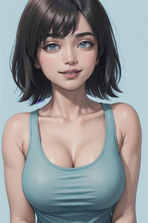 (hbmillie, seductive, brown skin), bob cut, close-up, smile, large breast, (black tank top), (pastel blue background)