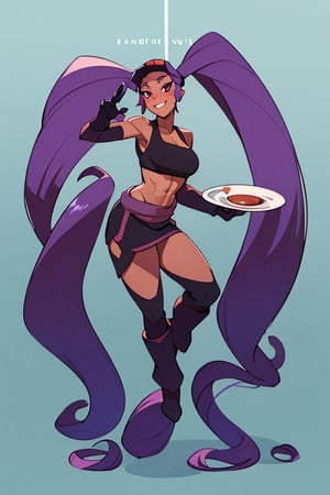 (cowboy shot, solo, 1girl, Entrapta_Shera,  smile, LONG HAIR, TWINTAILS, PURPLE HAIR, DARK SKIN, black tank top, Breasts cup B), looking at viewer, good hands, full body, nice body, sexy body, 18 year old girl's body, (((suggestive pose))), ((lust)) 