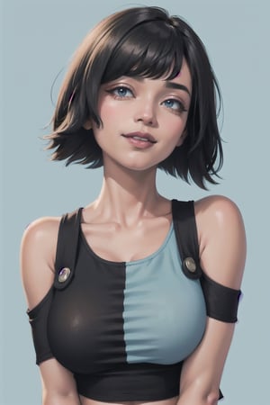 (hbmillie, seductive, brown skin, bob cut) close-up, smile, large breast, (black tank top, torn clothes, fingerless gloves), (pastel blue background)