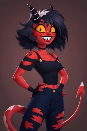 cowboy shot, solo, 1girl, hbmillie, demon girl, colored skin, red skin, smile, looking at viewer, hands on hips, horns, colored sclera, yellow sclera, torn clothes, off-shoulder shirt, fingerless gloves, tail,  Breasts cup B, (suggestive pose), Shadman