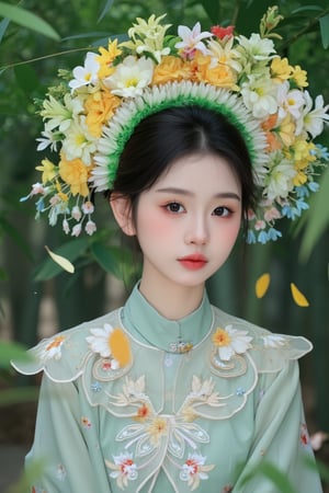  A young Asian woman wearing a flower wreath,1girl, with a green kimono adorned with flowers,She is adorned with a bold red lip adding a pop of color to her outfit. Her eyes are a piercing blue her eyebrows are a darker shade of brown and her lips are a lighter shade of red. The background is a bamboo forest, A large number of bamboo leaves are falling in the air.