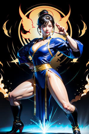 1girl, muscular body, bodybuilder, Chun Li from street fighter, wearing Chun Li costume, Chinese girl, kung Fu pose , 24K, hyper quality, no weapon, good pose, realistic shadow, photogenic, Dojo background  , perfect scale, perfect arms and fingers, bright black hair, high_resolution, no NSFW, perfect lightning, blue eyelens, no weapon, no guns,dual wielding,glowing,Sexy Muscular,mimore_mon0929,fbb