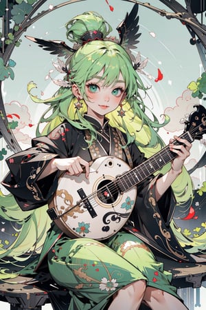 (masterpiece, best quality, highres:1.3), ultra resolution image, (1girl), (solo), kawaii, green flowing hair, long hair, lute,cute face, musical, surrounded by music notes, (music filling the air:1.5), fantasy, harmony, melody, soft, night time, (serene background:1.3), vivid color, sitting, (magical, musical aura:1.3), smile softly, forest, leaf, bird on head, nature, sitting,weapon