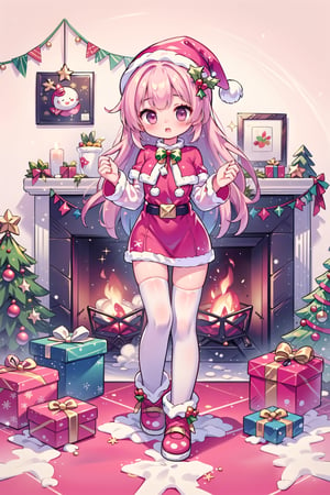 (Best Picture Quality, High Quality, Best Picture Score: 1.3), , Perfect beautiful woman,pink hair,long hair,(Decorate the room with Santa Claus for Christmas.),the whole body Beautiful Girl, Cute, ,Fantastic Landscapes,Christmas tree, a cozy fireplace