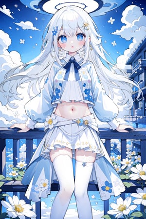 (masterpiece, best quality, highres:1.3), ultra resolution image, (1girl), (solo), kawaii, white hair, long hair, navel, white legwear, outdoors, clouds, flowers, beautiful lighting