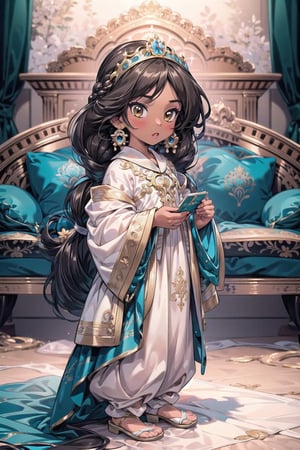 masterpiece, best quality, extremely detailed, HD, 8k, intricate, nice hands, (brown skin), AGE REGRESSION, 1 girl, oversized_clothes, cuteloli, CHILD, OVERSIZED CLOTHES,cartoon,Jasmine, black hair, braid, palace scene