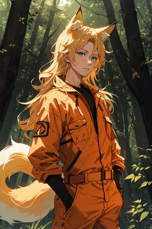 A cute boy with fox ears, long blond hair, blue eyes, wearing an orange jumpsuit in a daytime forest with great lighting 