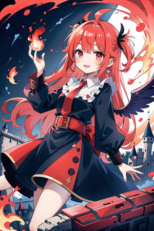 (masterpiece, best quality, highres:1.3), ultra resolution image, (1girl), (solo), red hair, fallen angel, wings, castle, vivid color, castle burning, fantasy, flames, playful smile