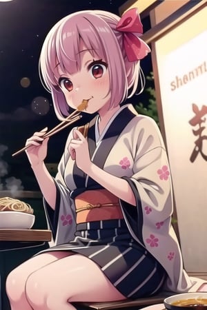 Best Quality, High Resolution, Masterpiece: 1.3), Perfect Beauty: 1.5, (Beautiful landscape), Fantastic landscape, ((pitch black night)), pink hair, wearing kimono, alone, (pink kimono), (eating Japanese Ramen), (eating ramen with chopsticks), beautiful girl, schoolgirl, floral kimono, fancy kimono design, best smile, great kimono design, sitting, street noodle stall, night market