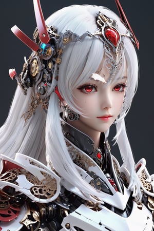 front_view, (1girl, looking at viewer), white long hair, black metalic mechanical_armor, dynamic pose, delicate white filigree, intricate filigree, red metalic parts, intricate armor, detailed part,steampunk style,mecha,4nime style,DonMPl4sm4T3chXL ,candyseul