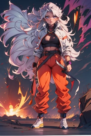 , high quality, manga, anime, purple, glowing_hand_bright, high_resolution, bright, shining, extreme_lightning, light_extreme_high_gamma, texture_bright_high, red_glowing_aura, sexy, female,gigantic_breast, hires, long_hair, puffy_spiked_porcupine_white_hair, super_sayan_hair,son goku