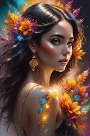 From behind, Photorealistic portrait of a gorgeous woman emitting a soft glowing aura with flowy black hair resembling steam in water with vibrant floral elements encased in glass, hyperdetailed face and eyes, colorful rendition, 3d style flowers, amber glow, sharp focus on eyes, vivid hazel eyes, work of beauty elegance and complexity, from behind, colorful body tattoos on her back, fantasy vibe,A girl dancing, flowing ink elements, alberto seveso style,  close-up ,Glass, lots of jewelry gold and diamonds like earings necklace bracelets and circlets.