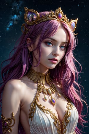 ultra high resolution, surreal, official art, divine nature, elegant and royal, violet, white, blond_hair, full body shot, girl, tulip flowers, gold, jewelry, opal gem on the forehead, complex detailed, Holiness, Chaos, charming, majestic, beautiful Psychedelia, Madness, Highly detailed, intricate, midjourney, xyzabcplanets, scenery, Color magic,Realism