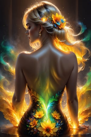 From behind, Photorealistic portrait of a gorgeous woman emitting a soft glowing aura with flowy black hair resembling steam in water with vibrant floral elements encased in glass, hyperdetailed face and eyes, colorful rendition, 3d style flowers, amber glow, sharp focus on eyes, vivid hazel eyes, work of beauty elegance and complexity, from behind, colorful body tattoos on her back, fantasy vibe,A blonde girl dancing, green and yellow eyes, flowing ink elements, alberto seveso style,  close-up ,Glass, lots of jewelry gold and diamonds like earings necklace bracelets and circlets. fire and radial glow background.