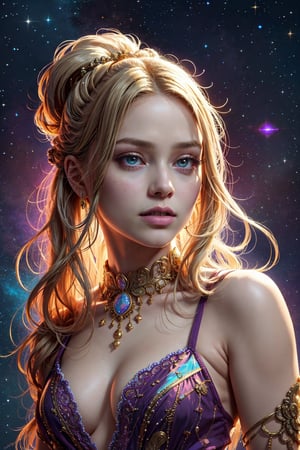 ultra high resolution, surreal, official art, divine nature, elegant and royal, violet, white, blond_hair, girl, tulip flowers, gold, jewelry, opal gem on the forehead, complex detailed, full shot, Holiness, Chaos, charming, majestic, beautiful Psychedelia, Madness, Highly detailed, intricate, midjourney, xyzabcplanets, scenery, Color magic,Realism