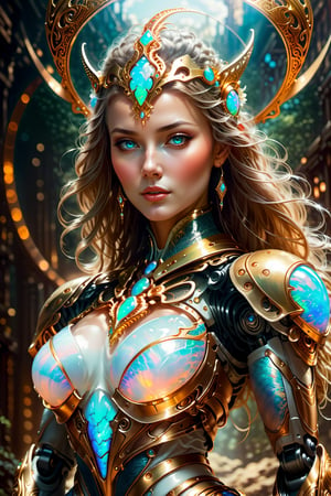 Lots of jewelry of gold and opal, Transport yourself to a magical atmosphere in a fantasy world with a prompt for a magician warrior princess. Envision her in a biometrical, vibrant-colored suit, set against the backdrop of a beautiful fantasy world. Request a unique presentation of super realistic images in 32K Ultra HD, capturing every detail in a photographic cinematic style – a masterpiece that immerses viewers in the enchanting realm